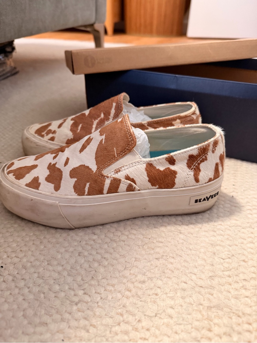 SeaVees Slip-On Sneakers in White & Brown Cow Spot